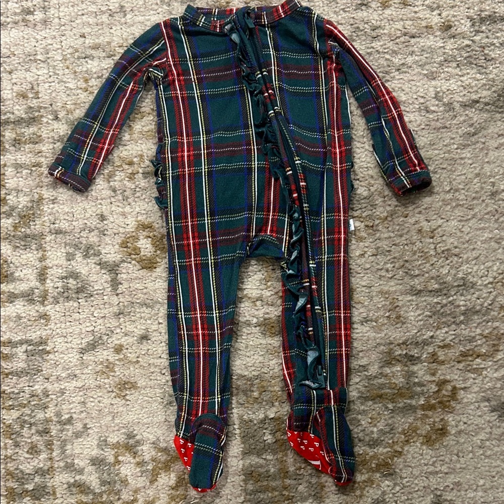 Posh Peanut Bamboo Newborn Red and Green Plaid Footie with Ruffles